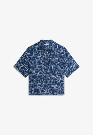 Short-sleeve button-up shirt in navy blue with white abstract rectangular line pattern and classic collar.