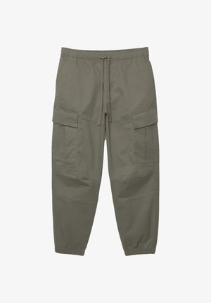 Cargo-Hosen aus olivgrünem Stoff, mit einem elastischen Bund und Kordelzug, mehreren Seitentaschen und gerippten Hosenbündchen.