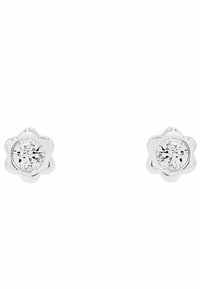 Orecchini a perno a forma di fiore in argento con una pietra centrale rotonda e trasparente, finitura lucida e bordi lisci.
