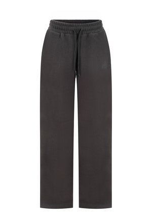 Pantaloni neri a gamba larga in felpa con fascia elastica in vita e coulisse, con ricamo discreto del marchio sulla parte superiore della coscia.