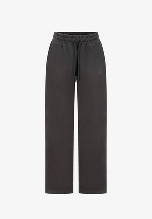 Pantaloni neri a gamba larga in felpa con fascia elastica in vita e coulisse, con ricamo discreto del marchio sulla parte superiore della coscia.