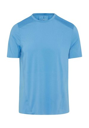 Lichtblauw T-shirt met korte mouwen, gemaakt van gladde stof. Heeft een ronde ronde hals en contrasterende schouderpanelen voor een extra stijl.