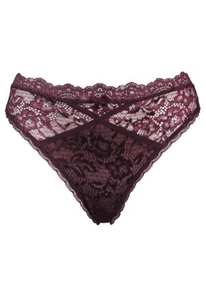 Lace lingerie in deep burgundy with floral patterns. Features a delicate waistband and crisscross design at the front, soft texture.