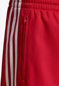 Rote Sportshorts mit glatter Textur, ausgestattet mit drei weißen Streifen und einer Reißverschlusstasche an der Seite. Mit elastischem Bund.