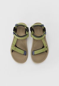 Green and black adjustable strap sandals with gray accents; synthetic upper and molded rubber sole; textured insole for grip.
