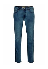 Jeans de denim en un lavado azul medio, con un diseño clásico de pierna recta, cinco bolsillos y una cremallera con cierre de botón.