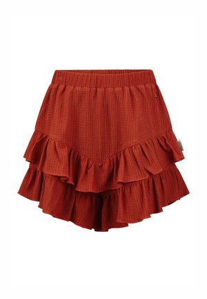 Rode gerimpelde shorts van gestructureerde stof, met een gelaagd ontwerp, een elastische tailleband en een subtiel geweven patroon.