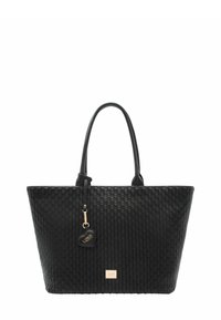 Borsa tote nera intrecciata con due manici robusti, un ciondolo dorato e una targhetta con il logo in metallo. Il materiale appare testurizzato e resistente.