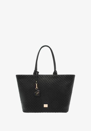 Sac fourre-tout noir tissé avec deux poignées robustes, un pendentif doré et une plaque logo en métal. Le matériau semble texturé et durable.