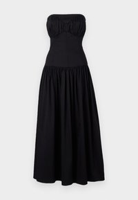 Rochie maxi neagră fără bretele, cu un corset ajustat și fustă plisată. Fabricată dintr-un material neted, cu decolteu în formă de inimă și detalii pliés.