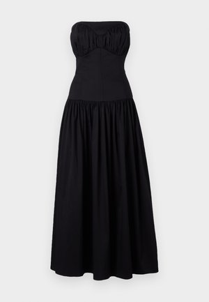 Sort strapless maxikjole med tætsiddende overdel og samlet skørt. Lavet af glat stof, med sweetheart-udskæring og rynkede detaljer.