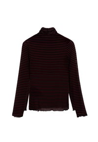 Camiseta de manga larga con cuello de tortuga en rayas negras y burdeos, que presenta una textura suave y un detalle de dobladillo festoneado.