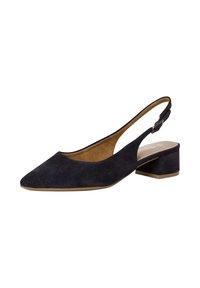 Zapato slingback de ante negro con puntera afilada y tacón bajo de bloque. El interior cuenta con un forro beige y una correa ajustable con detalle de hebilla metálica.