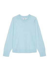 Vaalean sininen pyöreäkauluksinen villapaita, joka on valmistettu pehmeästä neulekankaasta. Siinä on pitkät raglan-hihat sekä ribbireunat hihoissa ja helmassa. Yksinkertainen, koristamaton muotoilu.