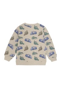 Ljusbeige sweatshirt med ett mönster av färgglada traktorillustrationer i blått, grönt, gult och brunt.