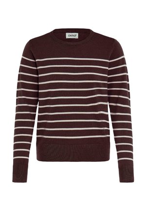 Brahno pulover z širokimi belimi črtami, rebrastimi manšetami in robom, okroglo ovratnico ter etiketom znotraj ovratnika.