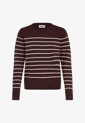 Brahno pulover z širokimi belimi črtami, rebrastimi manšetami in robom, okroglo ovratnico ter etiketom znotraj ovratnika.