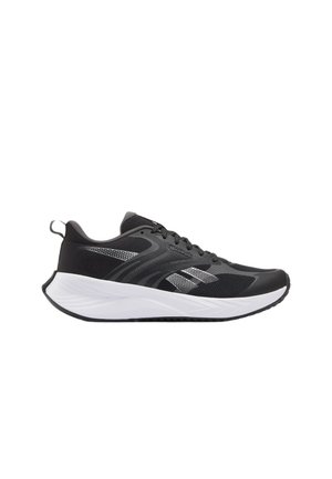 Sneaker sportiva nera e grigia con suola bianca spessa, tomaia in tessuto a rete, lacci neri e dettagli riflettenti sul lato.