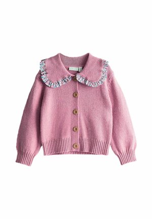 Pink knitted cardigan with long sleeves, large floral ruffled collar, and wooden button closures. Ribbed bottom hem for added texture.