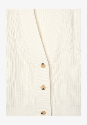 Kremowy sweter dzianinowy z głębokim dekoltem w kształcie V, prążkowaną teksturą i złotymi guzikami z przodu.