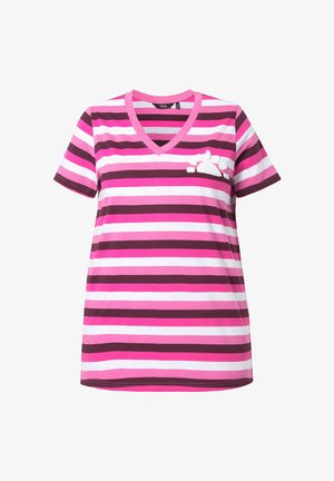 Kurzärmeliges V-Ausschnitt T-Shirt mit horizontalen Streifen in Pink, Dunkelbraun und Weiß, mit einem kleinen strukturierten weißen Stickmotiv auf der Brust.