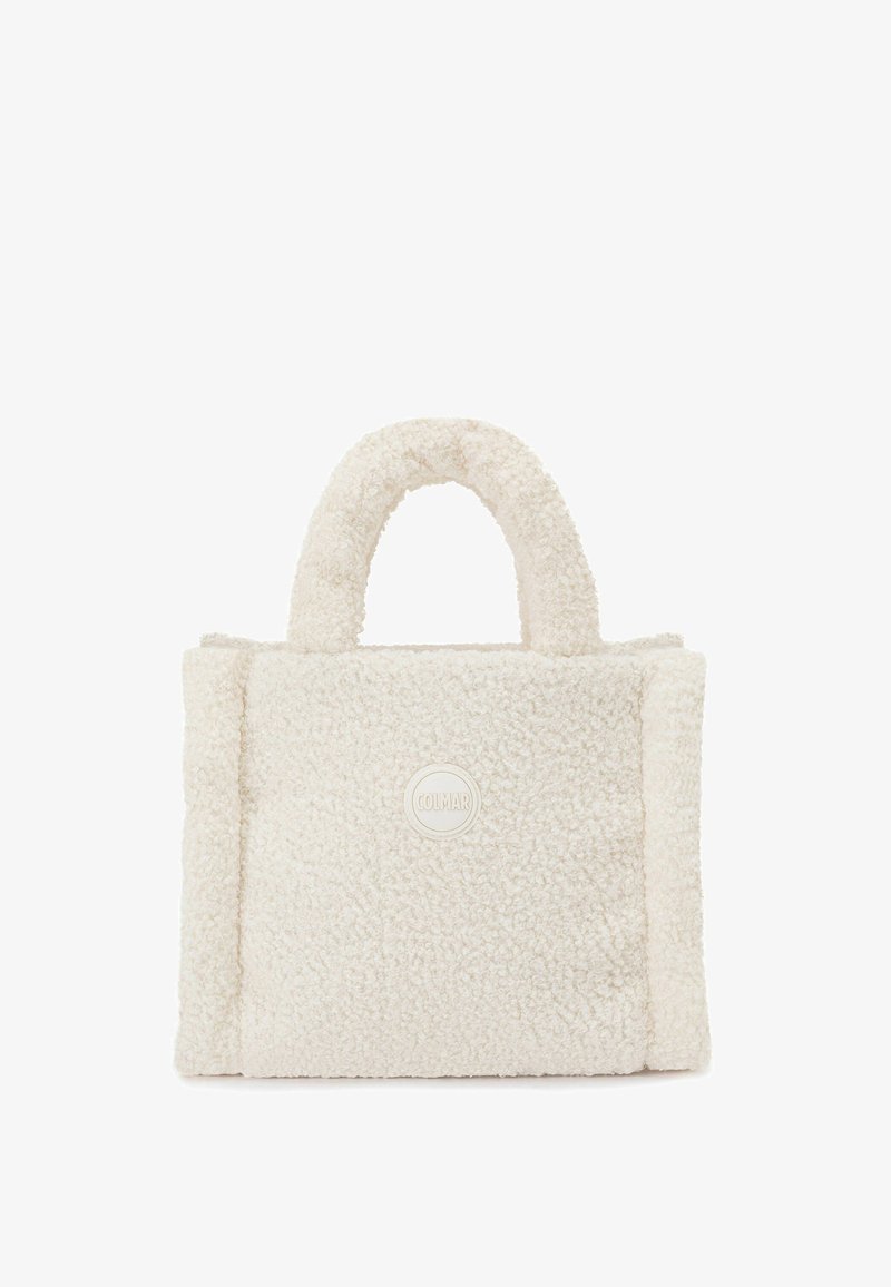 Valkoinen teksturoitu käsilaukku lyhyillä kahvoilla ja pyöreällä "COLMAR"-logo tarralla etukeskellä.