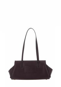 Sac à main violet foncé avec une finition texturée, comprenant deux longues bretelles, un corps rectangulaire lisse et une poche avant plate.