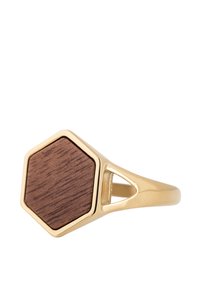 Gold-tone ring featuring a hexagonal wooden inlay, with a polished surface and cut-out accents, combining geometric design and natural texture.