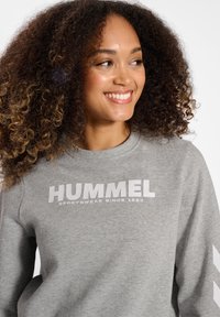 Grauer Sweatshirt mit Rundhalsausschnitt, mit weißem "HUMMEL"-Text und "SPORTSWEAR SINCE 1923" darunter. Markante Chevron-Muster an den Ärmeln.