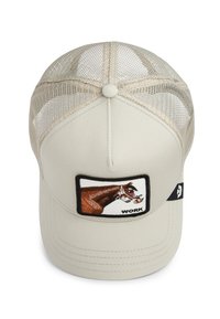 Beige cap with mesh back, featuring a rectangular patch of a horse's head and the word "WORK" in black. Structured shape, adjustable fit.