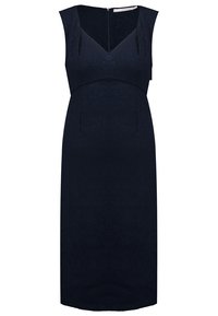 Marineblauwe mouwloze jurk met een V-hals, gestructureerde stof, aansluitende silhouet en twee zijzakken; ritsluiting aan de achterkant.