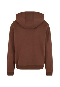 Haut à capuche brun en pull-over avec cordon de serrage, manches longues et poignets et ourlet côtelés. Tissu doux avec une texture lisse.