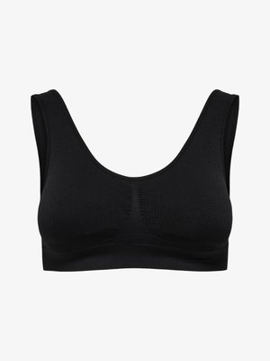 Sujetaless deportivo inalámbrico negro sin costuras, con tirantes anchos y escote redondo, diseñado para brindar comodidad y soporte.