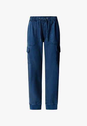 Tamsiai mėlyni krovinių kelnės su elastiniu juosmeniu, raišteliais, priekinėmis kišenėmis, šoninėmis kišenėmis su arbaklu ir užrišamais kulnais.