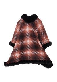 Brun rutig poncho med svart syntetpälsfoder. Har en avslappnad, flödande design och trekvartslånga ärmar. Mjuk, texturerad tyg.