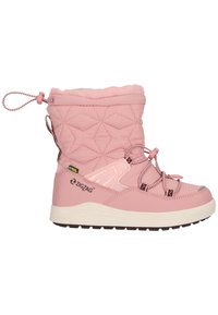 Rosa, vadderad vinterstövel med en texturerad yta, rund tå, justerbar dragsko och vit gummisula med mönster för bättre grepp.