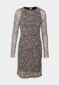 Mekko pitkähihaisella mustalla, valkoisella ja vaaleanpunaisella abstraktilla kuviolla. Ominaisuuksiin kuuluu pyöreä pääntie, etuvetoketjukiinnitys ja teksturoitu kangas.