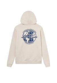 Beżowa bluza z kapturem z dużą granatową grafiką na plecach, przedstawiająca wzór globu oraz napis "Les Deux International Sporting Goods."