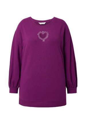 Felpa lunga viola con maniche lunghe, scollatura rotonda e un piccolo motivo decorativo a forma di cuore realizzato con perline e borchie al centro del petto.