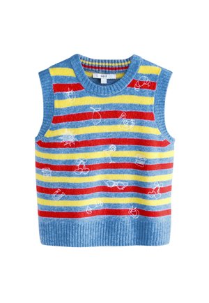 Sleeveless knitted vest with horizontal blue, red, and yellow stripes, embroidered with white line drawings of food and drink items.