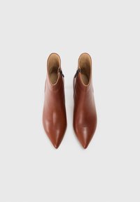 Bottines en cuir marron avec un bout pointu, dotées d'une fermeture éclair latérale et d'une texture lisse, présentées de dessus.