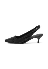 Čierna slingback čižma s špicatou špičkou, ozdobená malými kryštálmi, textúrovaným dizajnom a stredne vysokým podpätkom.