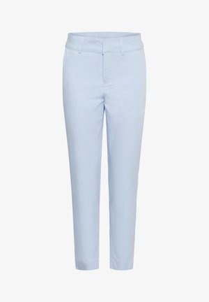 Hele sinised kohandatud püksid vööaasade, eesmise tõmblukuga ja sirgete säärega.