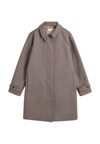 Brun og beige ternet frakke lavet af stof, med krave, knapdetaljer og sidelommer i en løs, lige skæring.