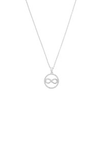 Collana d'argento con pendente a forma di simbolo dell'infinito circondato da piccole pietre preziose trasparenti, su una delicata catena.