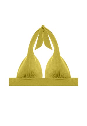 Top de bikini galben cu decolteu halter, cu cupe adunate și nod pentru legat la gât, pe fundal alb simplu.