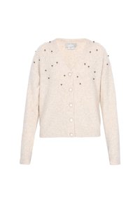 Sweterek w kolorze kremowym, z długimi rękawami, dekoltem w kształcie litery V, guzikami przypominającymi perły oraz małymi czarno-białymi ozdobnymi koralikami na górnej części przodu i ramionach.