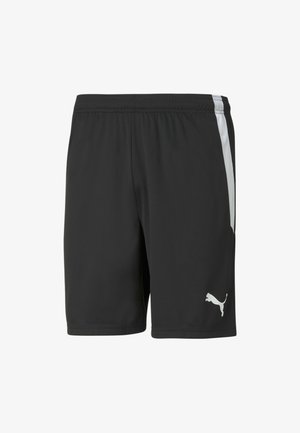 Sorte atletikshorts lavet af letvægtsstof med en hvid sideliste og et hvidt Puma-logo på den nederste venstre ben.
