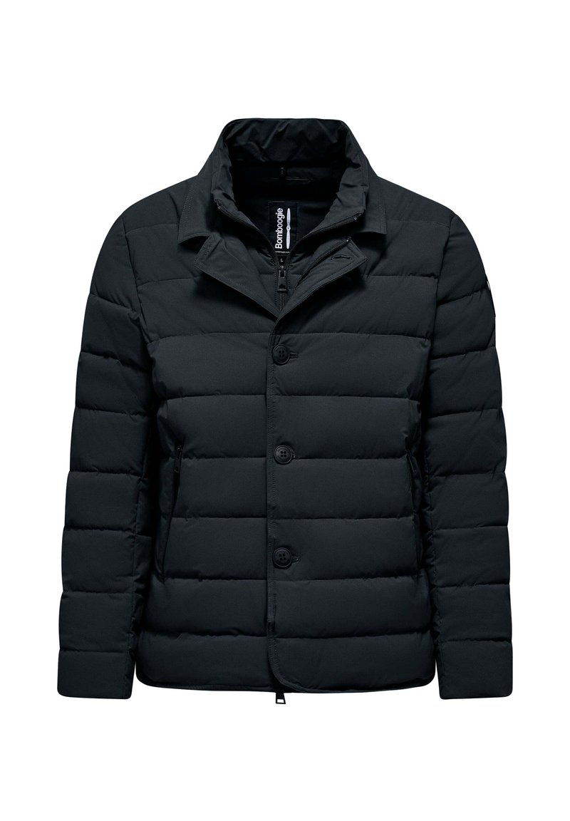 Giacca a vento nera con colletto, chiusura frontale a bottoni, design trapuntato e tasche laterali, realizzata in tessuto leggero e isolante.
