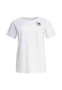 Witte katoenen t-shirt met een ronde halslijn en korte mouwen, versierd met een kleine, multiculturele borduring van een palmboom op de borst.